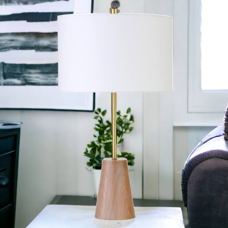 26" Gold and Brown Metal Table Lamp With White Drum Shade - 14" x 14" x 25.3"