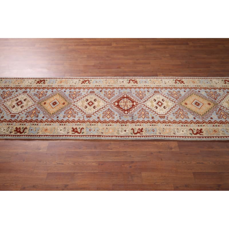 Light Blue Khotan Indian Runner Rug Handmade Wool Carpet - 2'7"x 11'11"