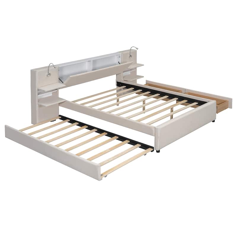 Queen Size Upholstered Platform Bed with Reading Lights, Drawers, Trundle and Shelves