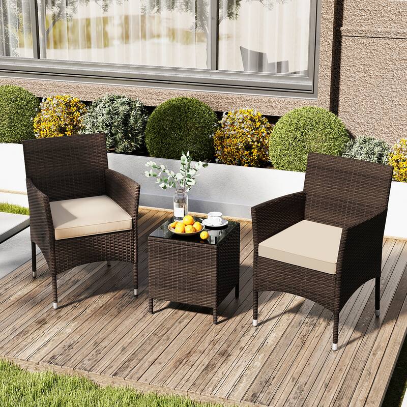 Gymax 3 PCS Outdoor Conversation Set w/ Cushioned Seat & Tempered