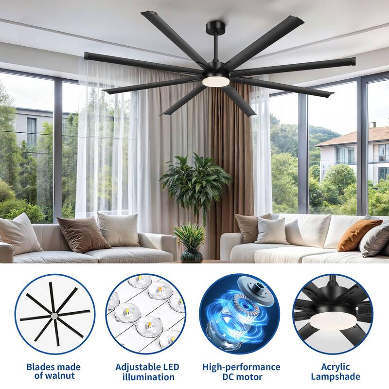 Moasis 96 Inch/80 inch Black Ceiling Fan with Light and Remote, DC Reversible Motor and 6 Speed