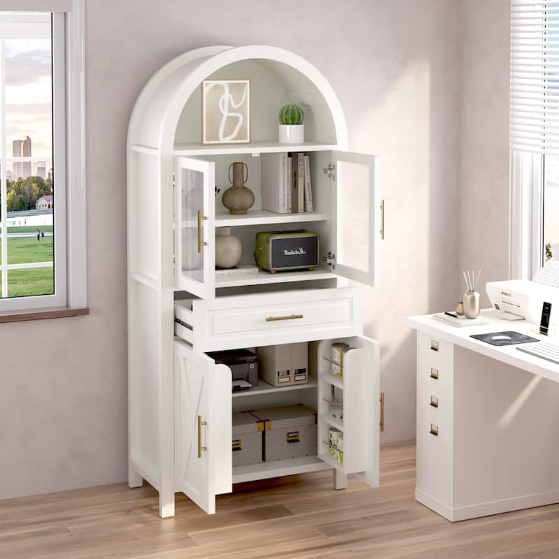 Arched Kitchen Pantry Cabinet with Glass Door, Farmhouse 71" Storage Cabinet with Adjustable Shelves & Barn Door Design