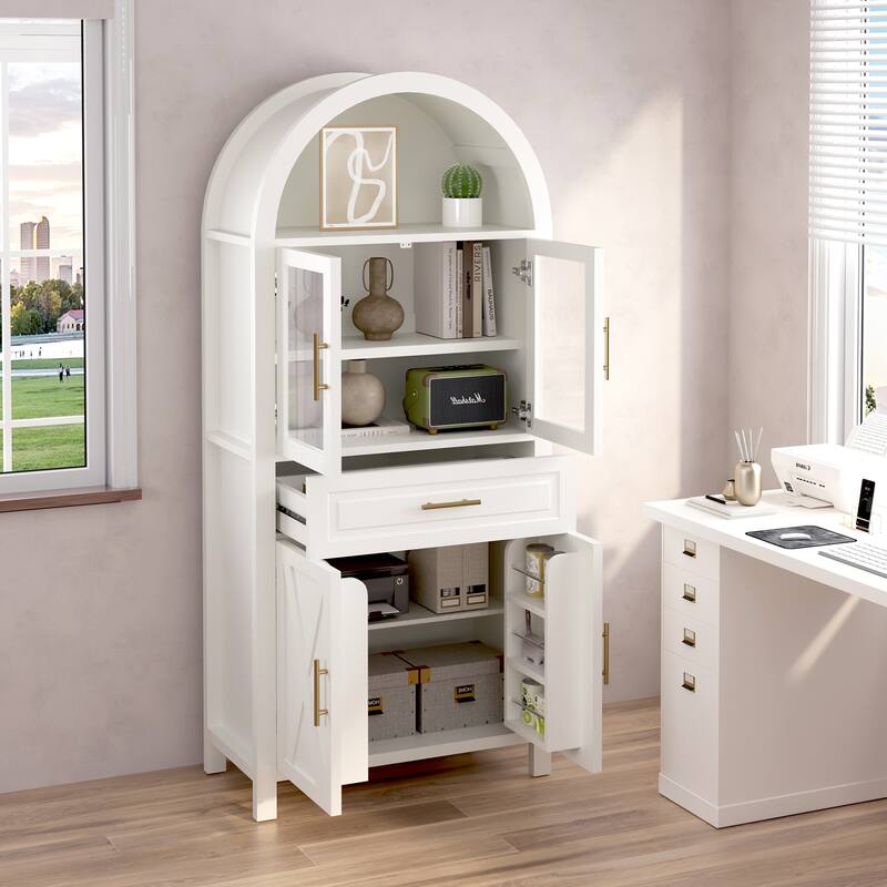 Roomfitters 71" Tall Arched Farmhouse Pantry Cabinet with Glass Barn Doors & Pull-Out Drawer