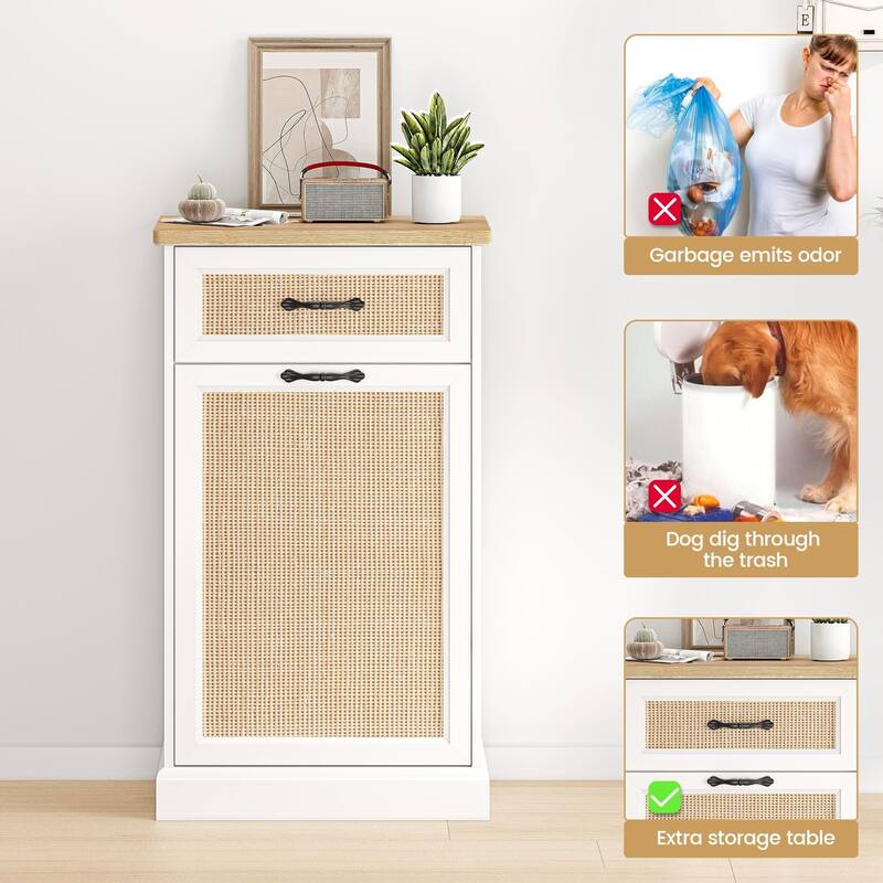 Tilt Out Trash Cabinet with Natural Rattan, Hidden Trash Can Cabinet 10 Gallon Trash Holder