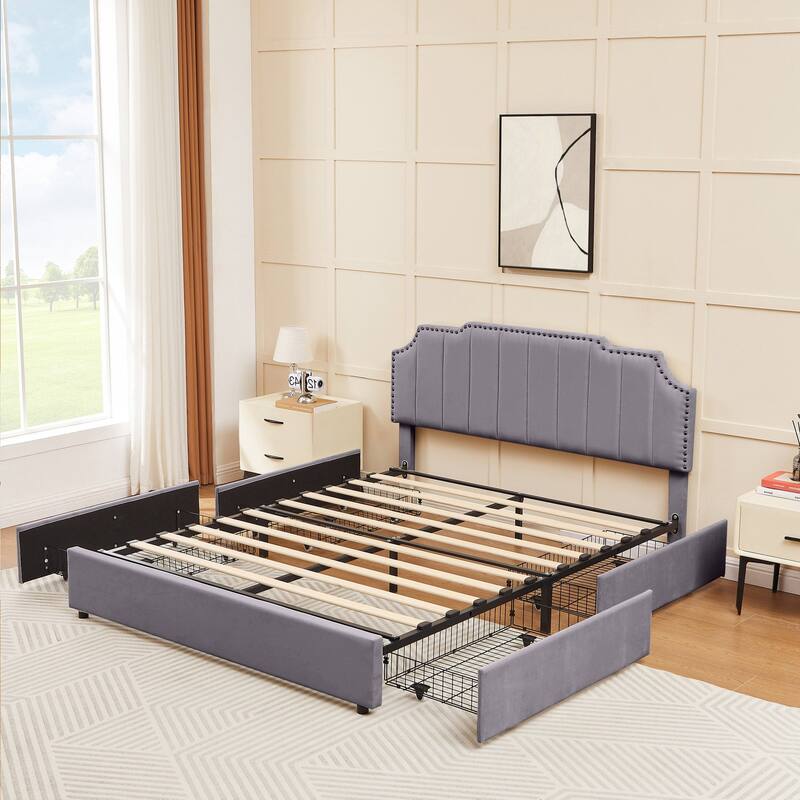 Javlergo Bed Frames with Storage Drawers Upholstered Bed with Tufted Headboard Princess Platform Bed with Wooden Slats Support