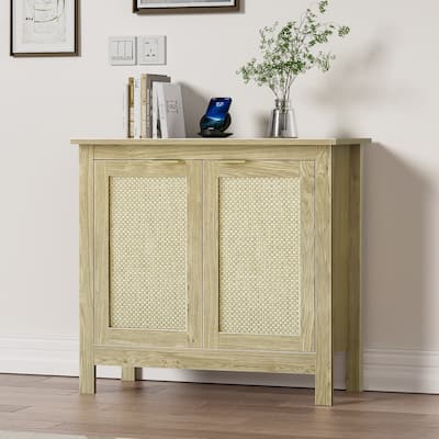 Anmytek Oak Accent Cabinet with 2-Doors Rattan Buffets Sideboard with Adjustable Shelf 31.5 in W. x 30 in H.