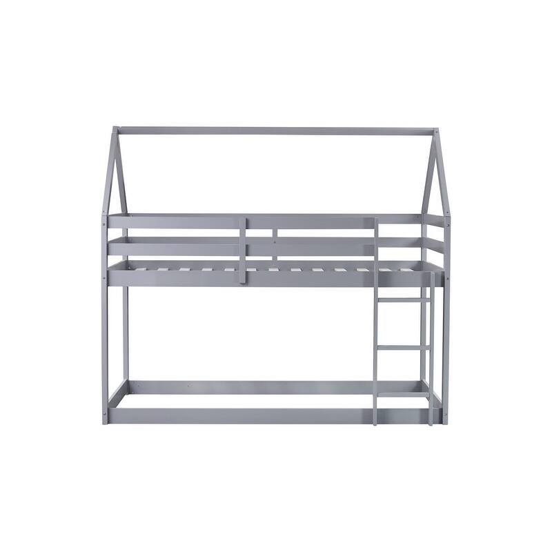 Twin over Twin Size Rubber Wood Floor Bunk Bed with ladder and Guardrails