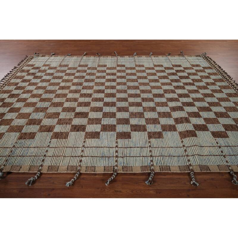 Checkered Moroccan Modern Area Rug Hand-Knotted Wool Carpet - 7'0"x 10'8"