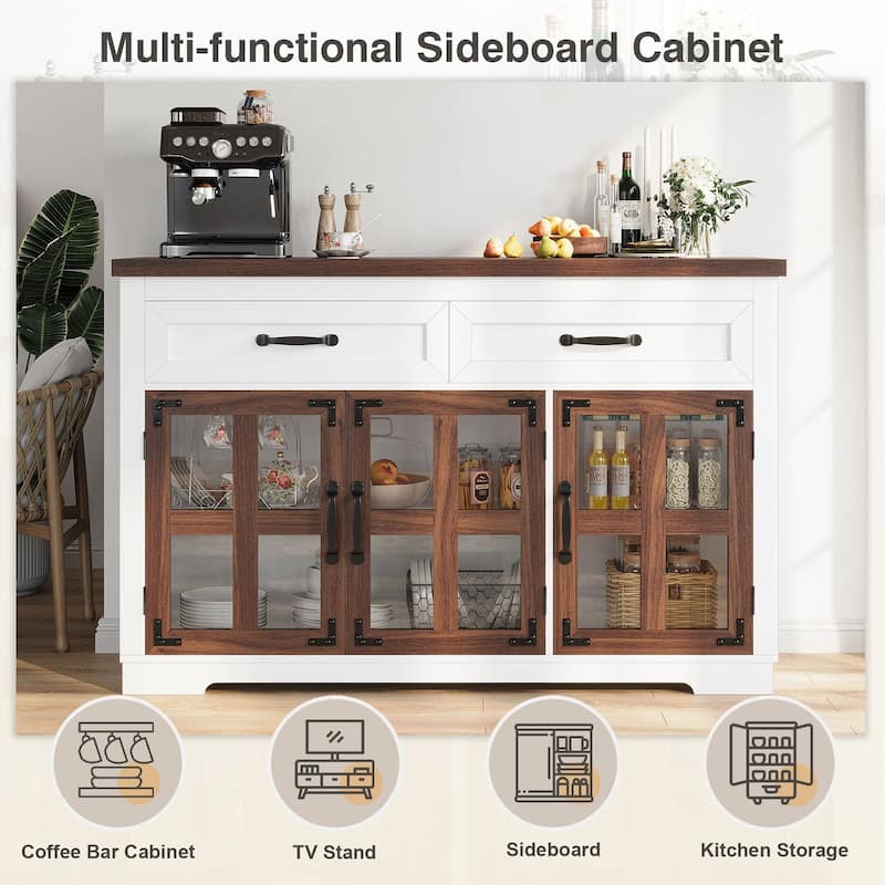 Gymojoy 53" Farmhouse Buffet Cabinet with Glass Doors, Modern Sideboard Storage Console for Kitchen, Dining Room, Living Room