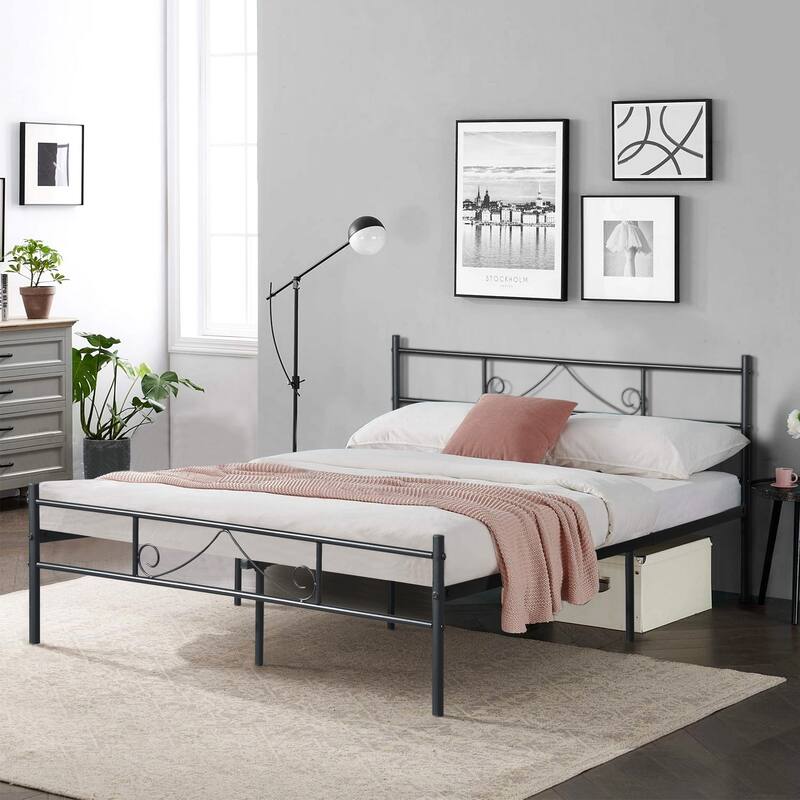Homy Casa Black Metal Bed Frame with Headboard & Footboard, Full Size