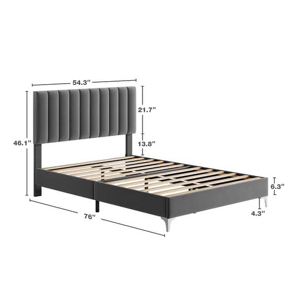 dimension image slide 1 of 2, Modern Velvet Platform Bed Frame with Adjustable Headboard