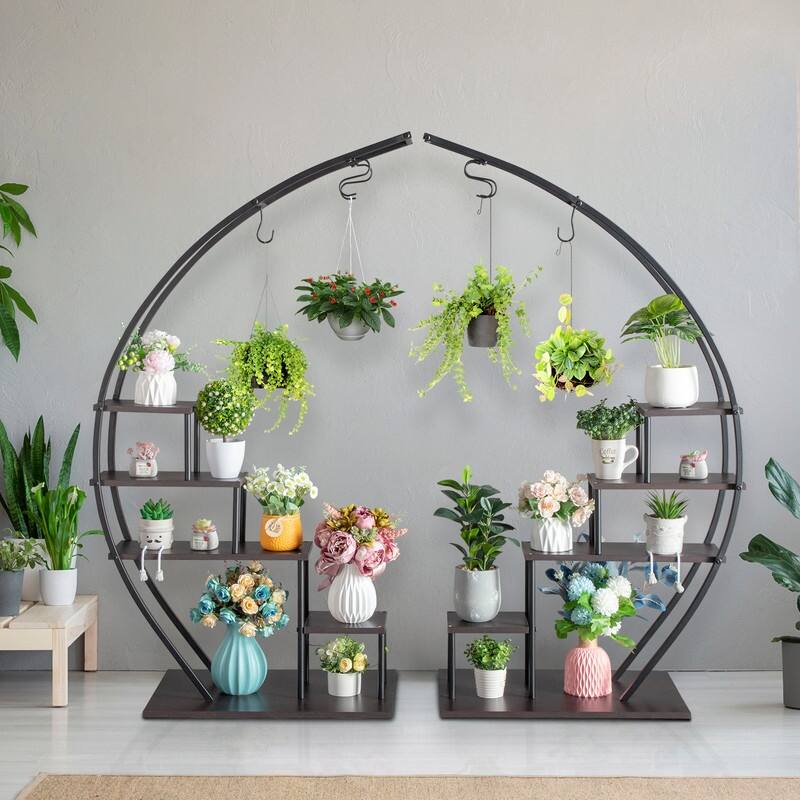 5 Layers Semicircle Iron Wood Suitable Home Decoration Plant Stand