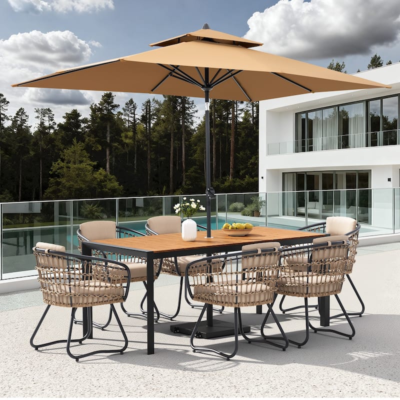 Set of 9 Outdoor Patio Dining Set WoodLike Aluminum Umbrella Hole Table with Rattan Chairs, Market Umbrella and Wheel Base - BrownTable&BeigeChairs&TanUmbrella
