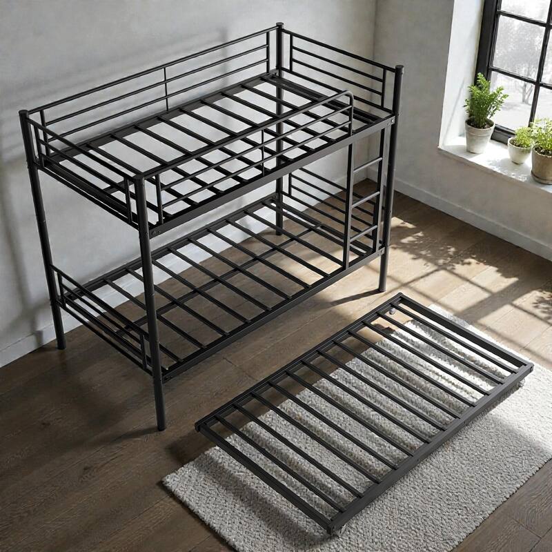 Twin Over Twin Metal Bunk Bed with Trundle, Heavy Duty Frame, Full-Length Guardrail, Ladder, No Box Spring Needed