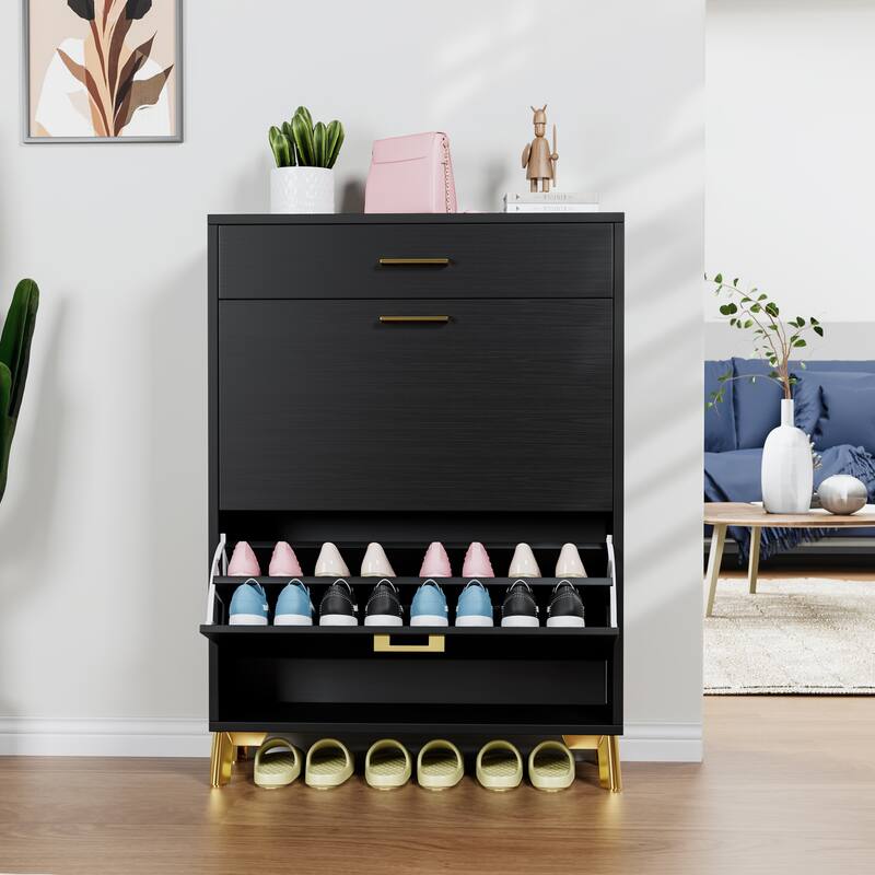 Modern Shoe Organizer with Flip Drawer Design, Metal Legs, and Gold Handle - Black