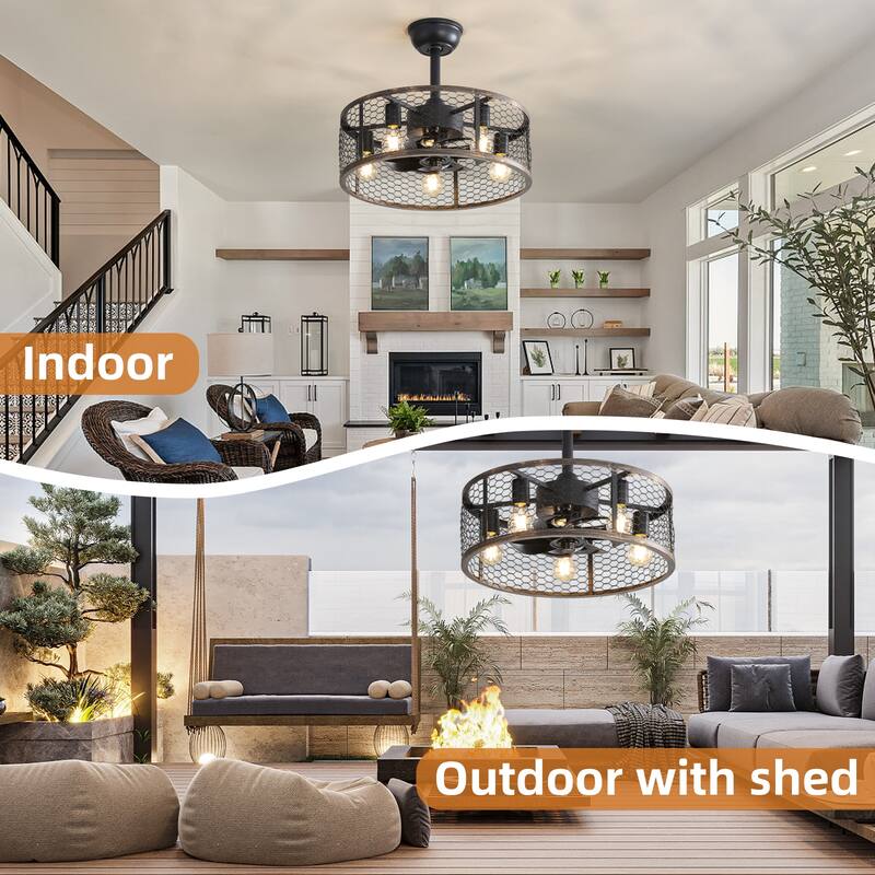 Rustic 19.7In Semi Flush Mount Ceiling Fans with Light