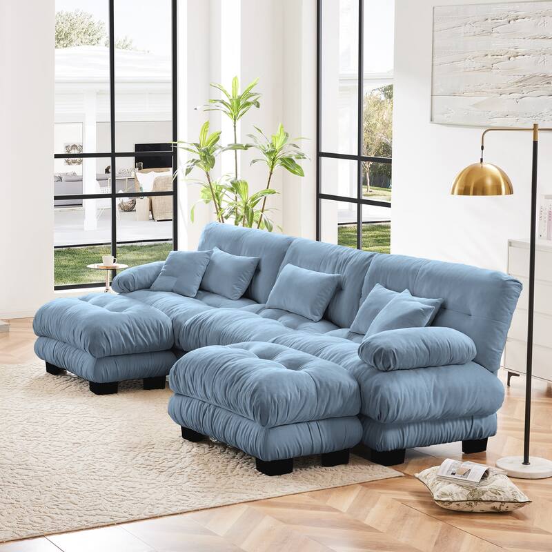 Chenille Upholstered Sectional Sofa Set with 2 Movable Ottoman, U-Shaped Modular Couch with Throw Pillows for Living Room