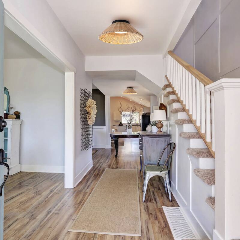 Modern Farmhouse Woven Rattan Umbrella Cone-Shaped Flush Mount Integrated LED Ceiling Light - Beige - 13.4"W x 4.5"H