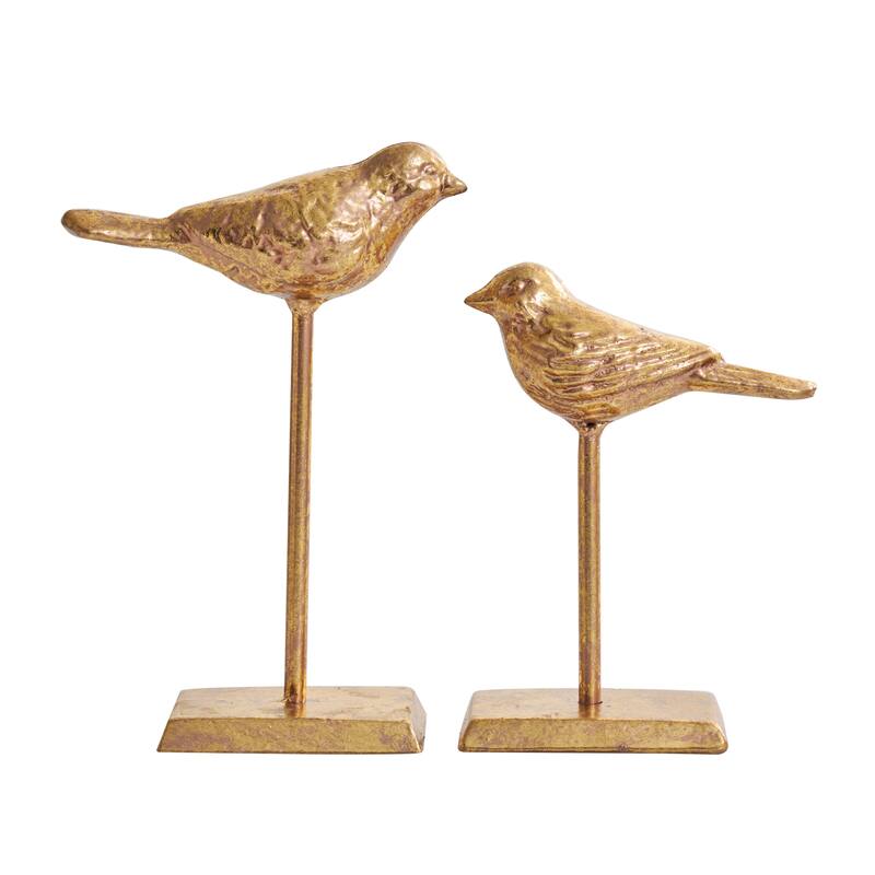 Metal Bird Sculpture with Gold Foil Texturing - Set of 2 Gold - Roche River Decor - 3"W x 5"L x 8"H