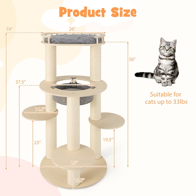 5-level Wooden Cat Tree with Padded Perch Non-woven Hammock