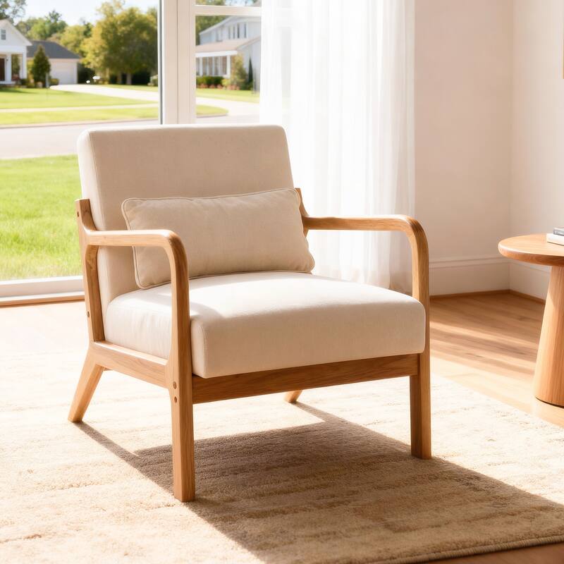 Mid Century Modern Armchair, Accent Chair with Solid Wood Frame and Detachable Lumbar Pillow for Living Room