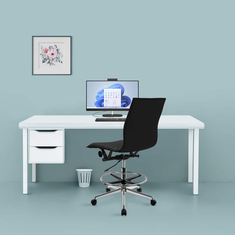 Modern Drafting Chair Upholstered PU Leather Ribbed Armless Mid Back with Tall Adjustable Base & Leg Rest