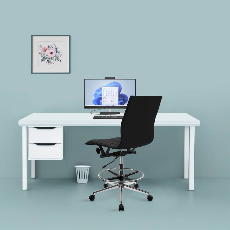 Set of 2 Modern Drafting Chair Upholstered PU Leather Ribbed Armless Mid Back with High Adjustable Base & Leg Rest