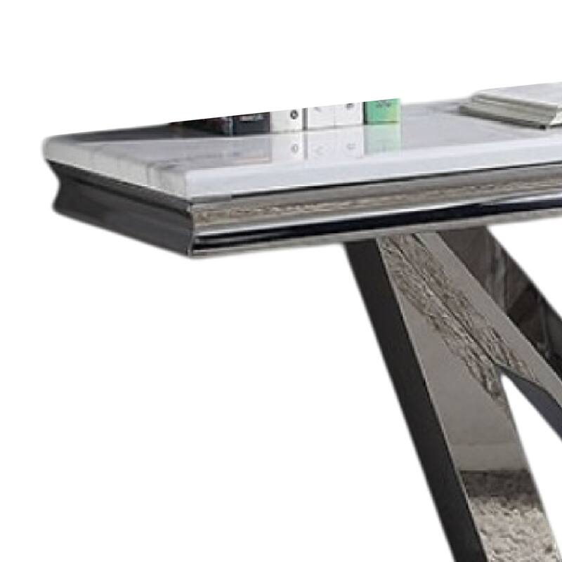 Vily Sofa Console Table, Beveled Faux Marble, Chrome Steel V-Base