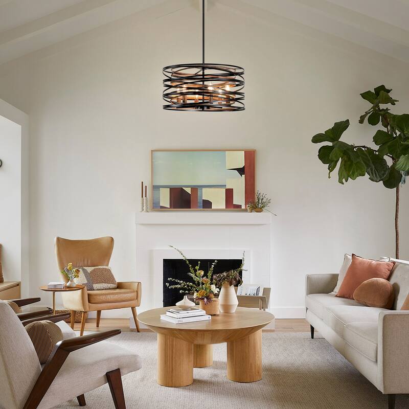 6-Light Modern Farmhouse Drum Pendant Black Metal Drum Chandelier