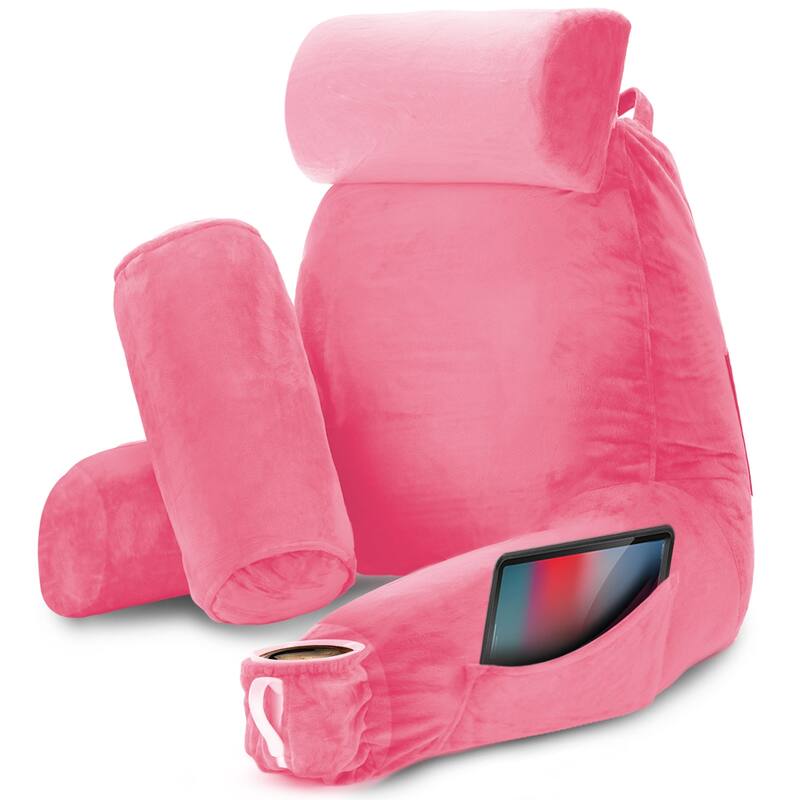 Nestl Memory Foam Reading Pillow with Backrest, Arms and Pockets - Large - Light Pink