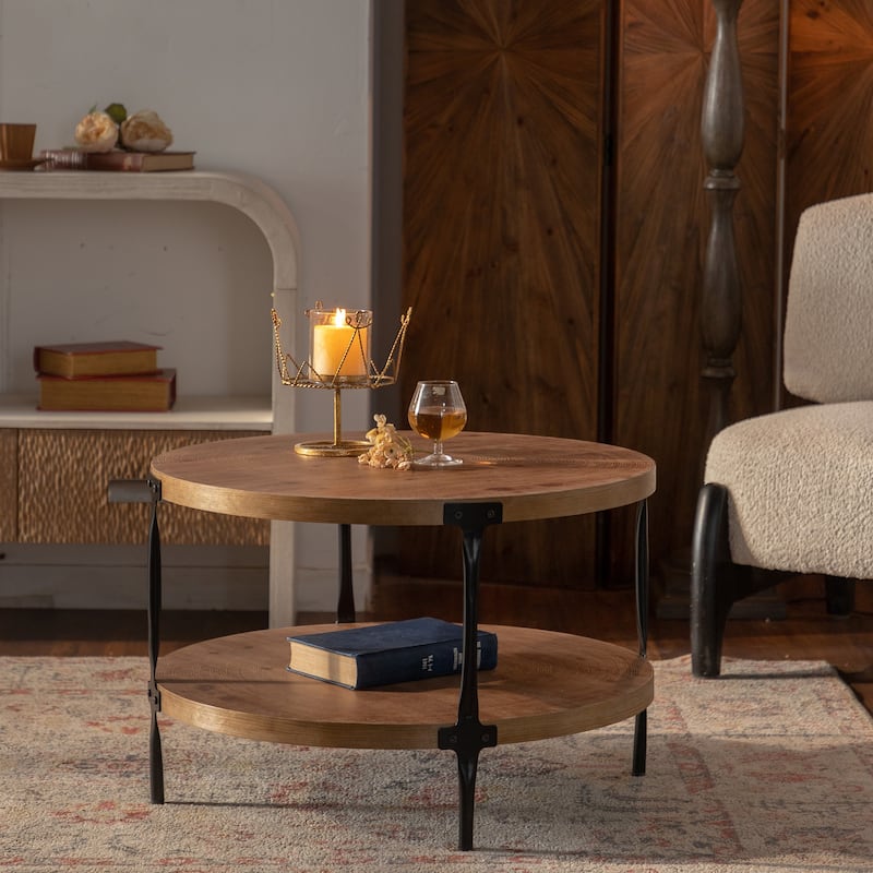 Handcrafted Relief Round Coffee Table with Shelf