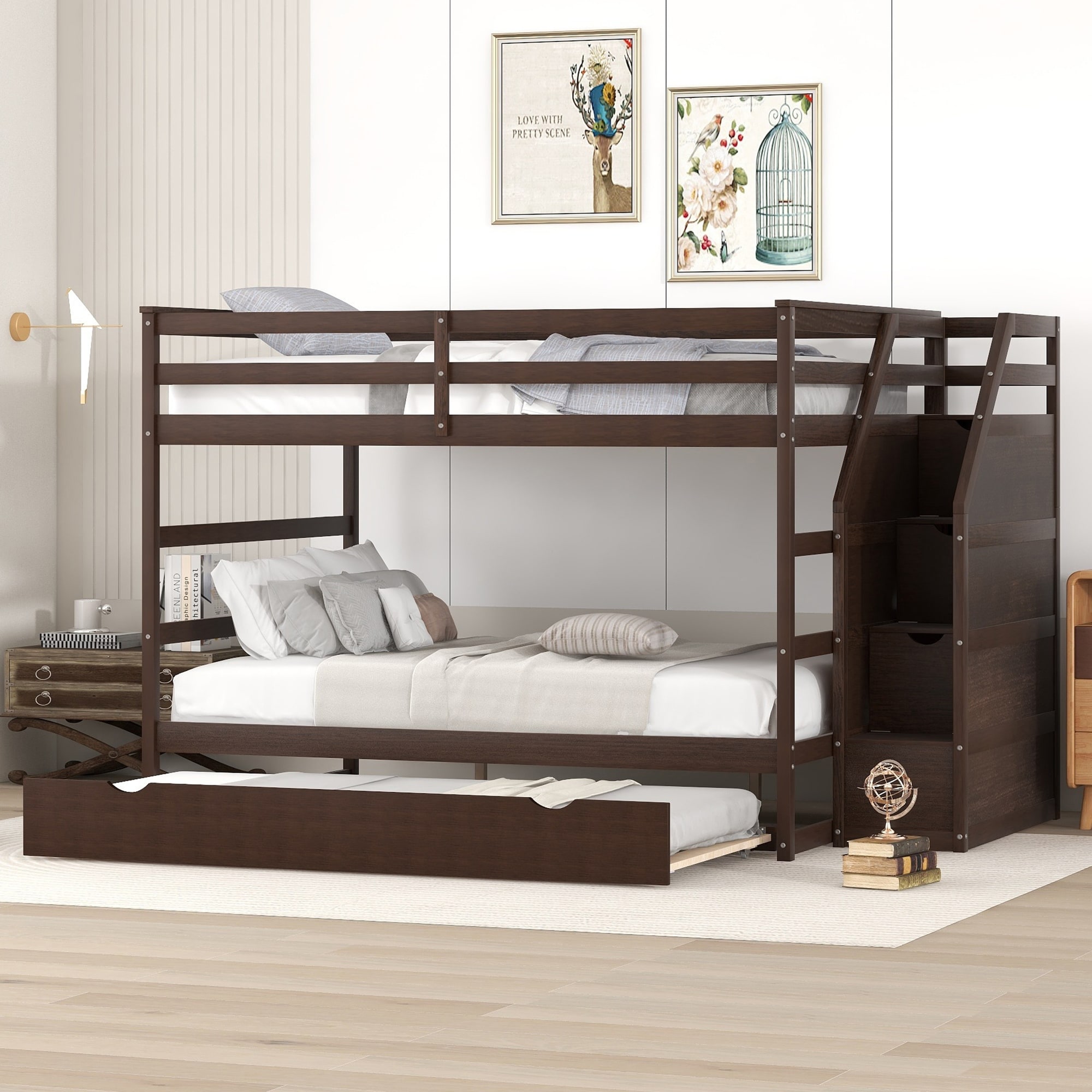 Solid wood twin over 2024 full bunk bed with stairs