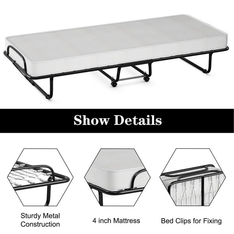 Gymax Rollaway Folding Metal Bed Memory Foam Mattress Cot Guest Made - 31'' x 75''