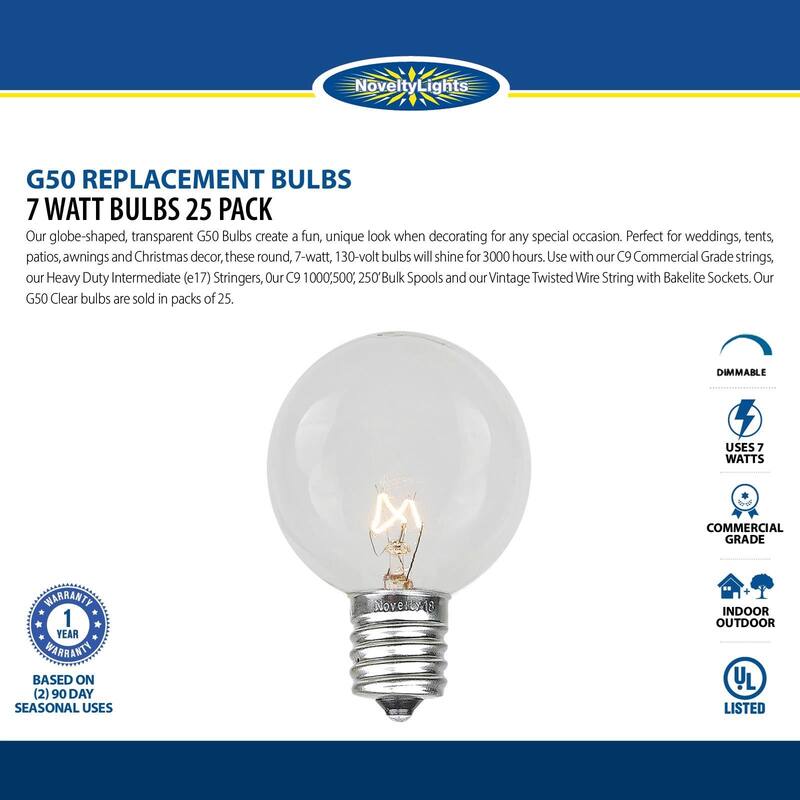 25 Pack G50 Outdoor Patio Globe Replacement Bulbs, Clear, C9/E17 Base - Medium