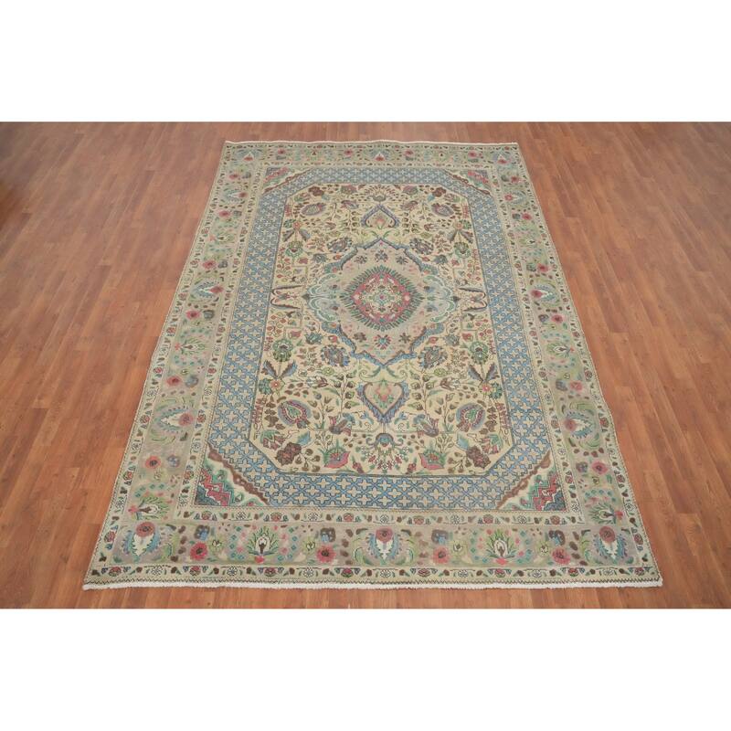 Hand Knotted Oriental 100% Wool Carpet Traditional Floral Beige & Ivories Tabriz Area Rug - 10' 3'' X 7' 1''