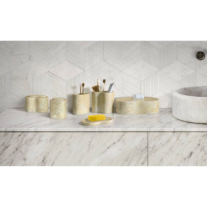Roomfitters Marble Bathroom Accessories Set, Natural Stone Countertop Organizer Set, Solid Marble Vanity Accessories - Beige+Gold