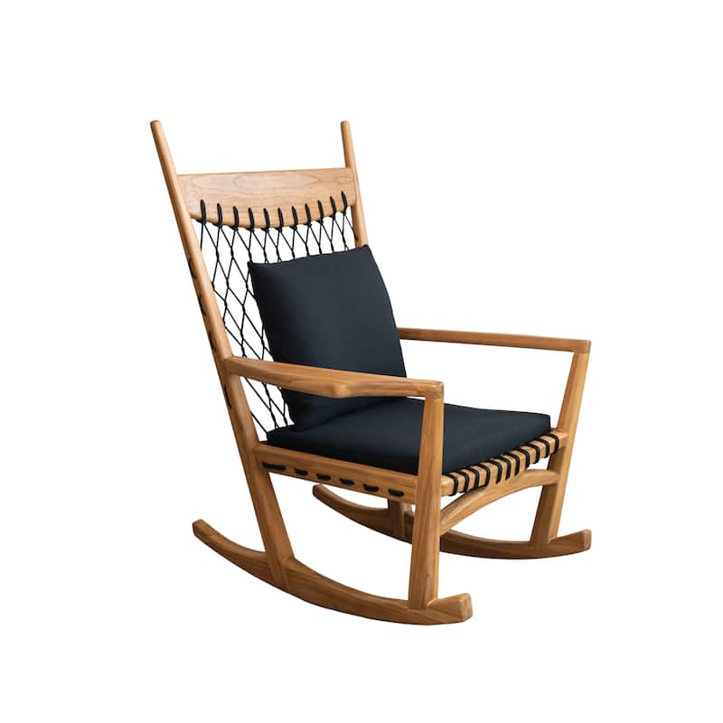 Teakwood and Woven Rope Rocking Chair with Cushions, Black and Natural - 86.6"L x 30.7"W x 28.7"H