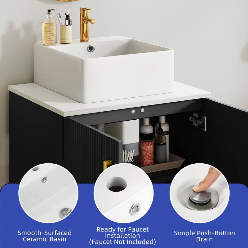 Freestanding Bathroom Vanity with White Stone Top Soft Close Doors and Gold Accents