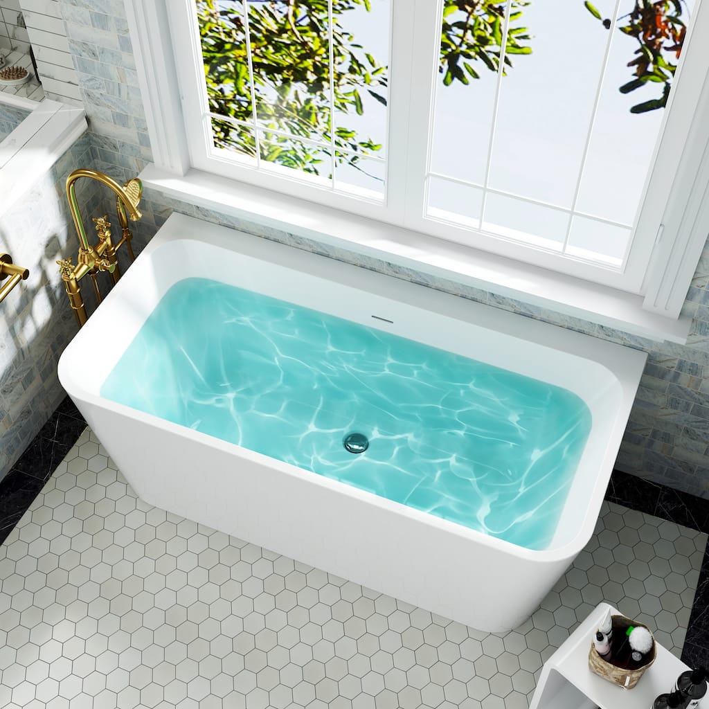 55 in. Freestanding Acrylic Soaking Bathtub, Modern Rectangle Design with Included Drainer