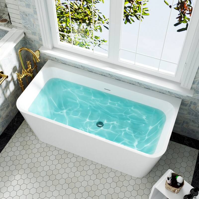 59 in. Freestanding Acrylic Soaking Bathtub, Modern Rectangular Design with Included Drainer