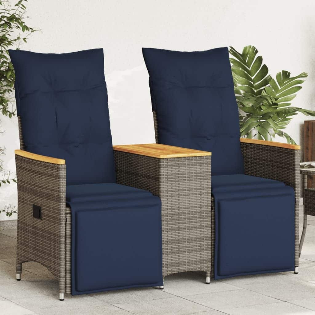 vidaXL Reclining Patio Sofa 2-Seater with Table Gray Poly Rattan - 51.2 x 23.2 x 36.2