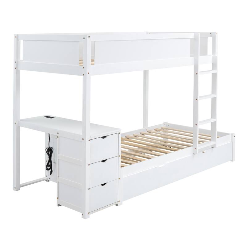 Twin-Over-Twin Bunk Bed with Trundle, Storage, Desk, USB Ports, White
