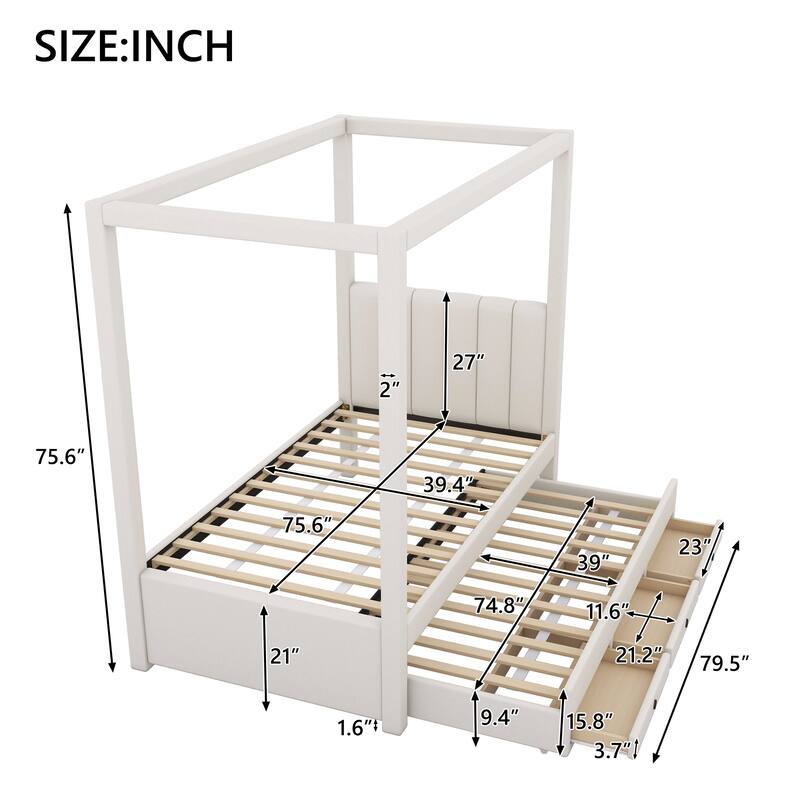 Single Canopy Bed Platform Bed with Upholstered Headboard and Twin Trundle, 3 Drawers, Wood Slat Support No Box Spring Needed
