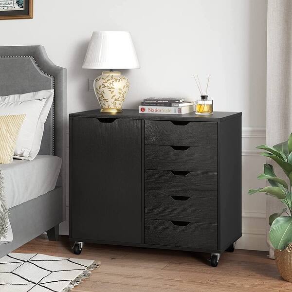 Morin Wood 5 Drawer Chest with Door Mobile File Black Bed