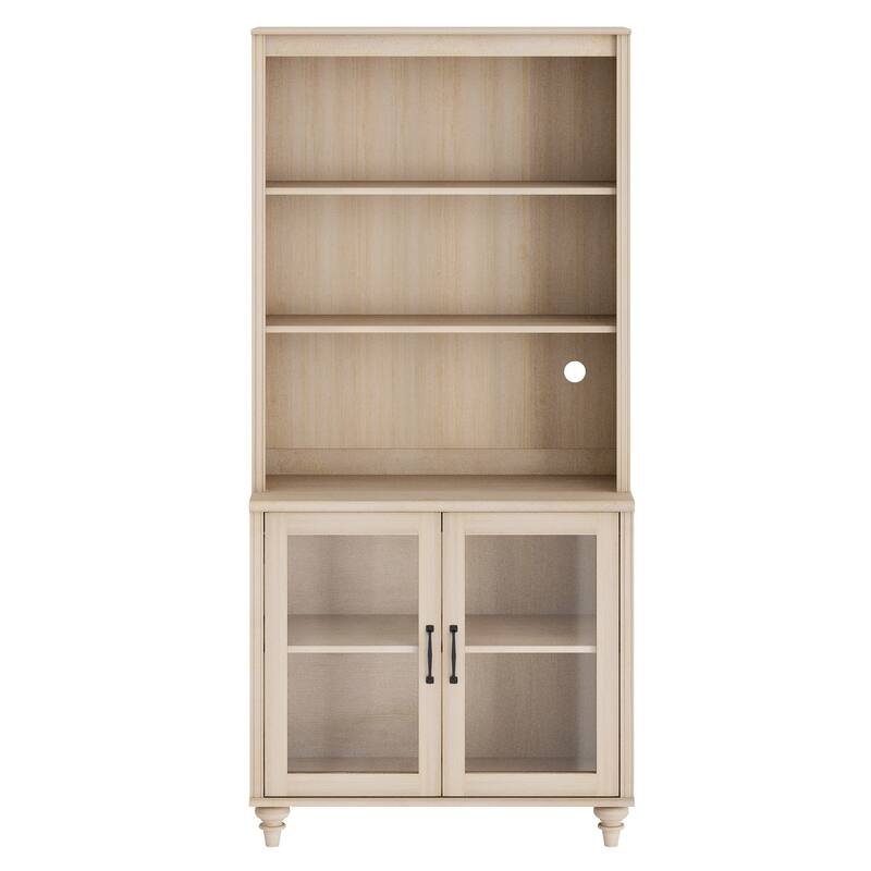 Light Beige Bookcase with Doors, Large Wood Farmhouse Book Case Shelf