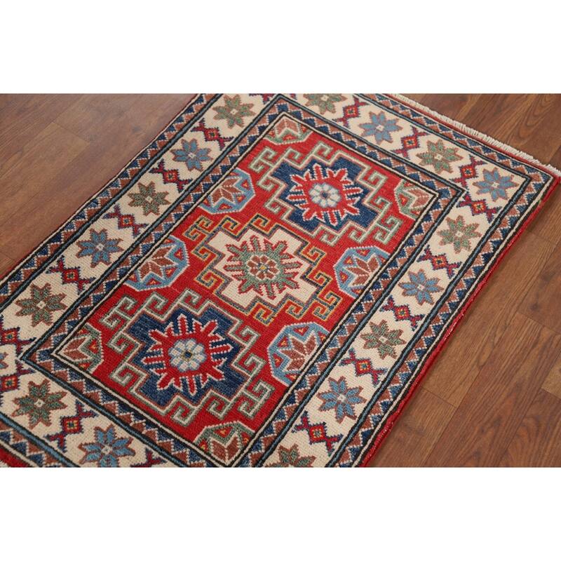 Hand Knotted Oriental 100% Wool Carpet Traditional Geometric Red Kazak Area Rug - 3' 0'' X 2' 0''
