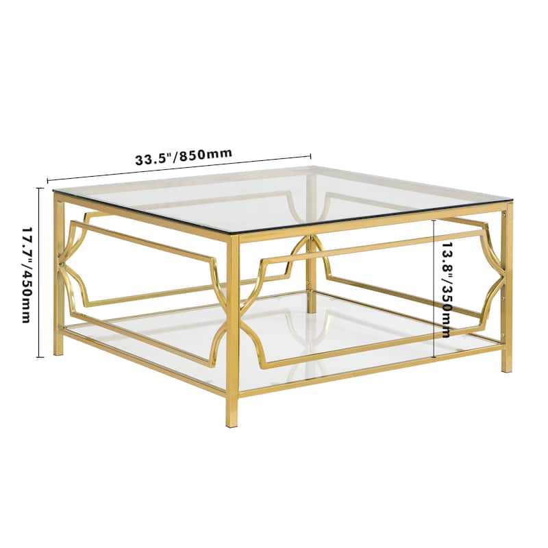 Square Glass Coffee Table in 33.5",Luxurious Geometric Metal Frame,Gold Finish & Lower Shelf