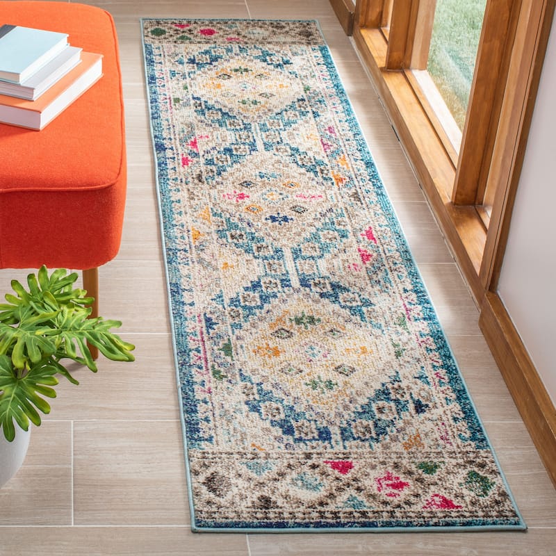 SAFAVIEH, Madison Hortensia Boho Diamond Distressed Rug - 2' x 8' Runner - Dark Blue/Yellow