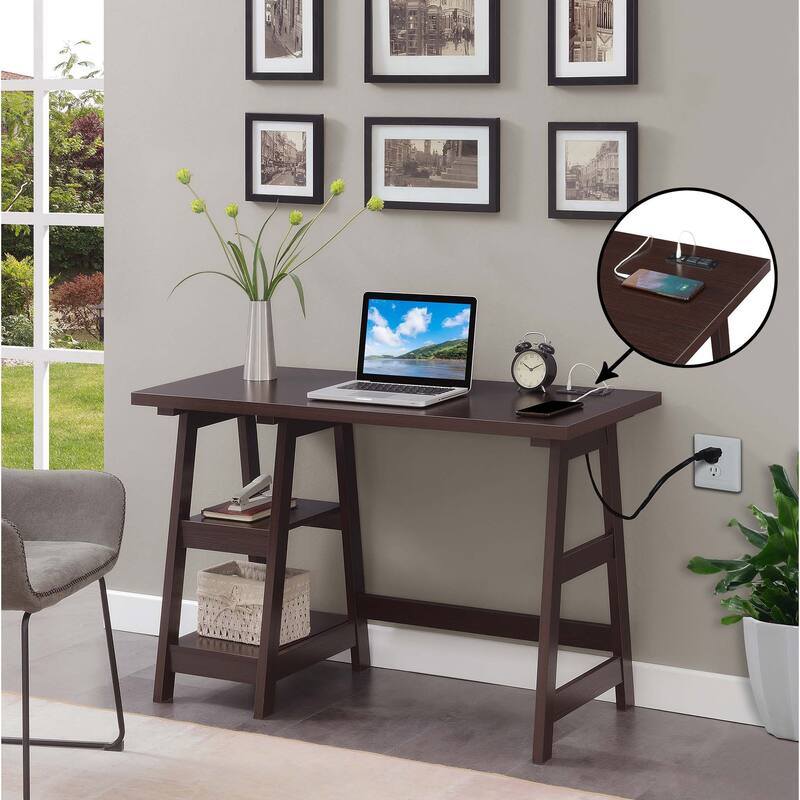 Convenience Concepts Designs2Go Trestle Desk with Charging Station and Shelves - Espresso