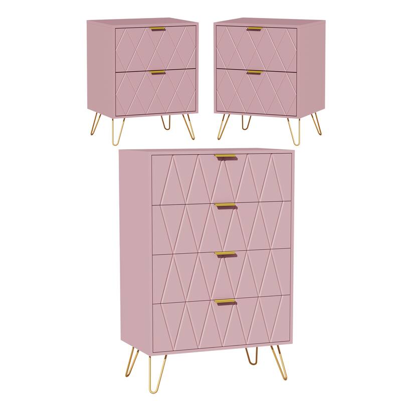 4 Drawer Dresser and 2 Set Nightstand for Bedroom Combo - Pink